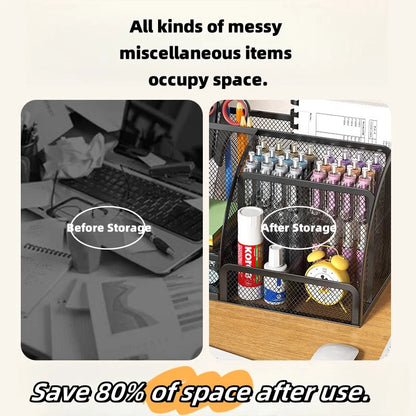 Metal mesh desk organiser with seven compartments and a drawer, view 2