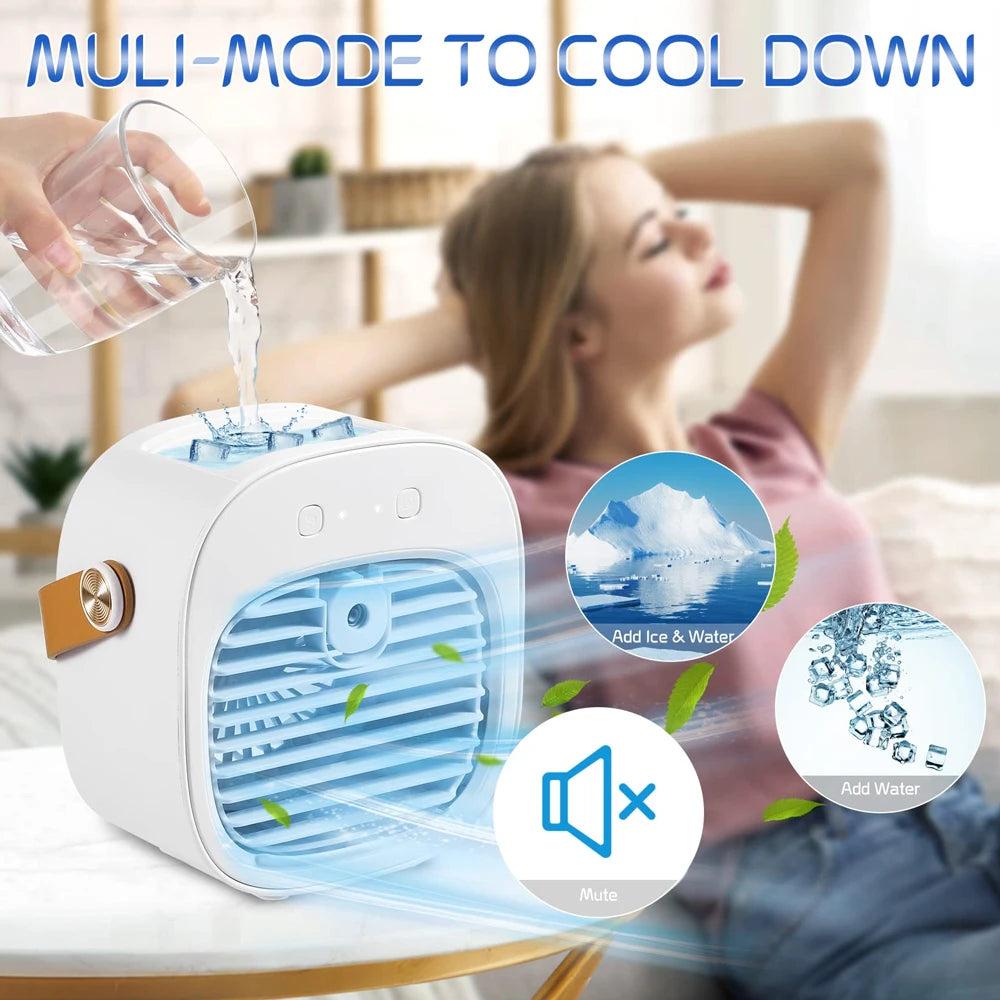 Portable air cooler with a woman relaxing in the background, labeled 'Multi-mode to cool down'.
