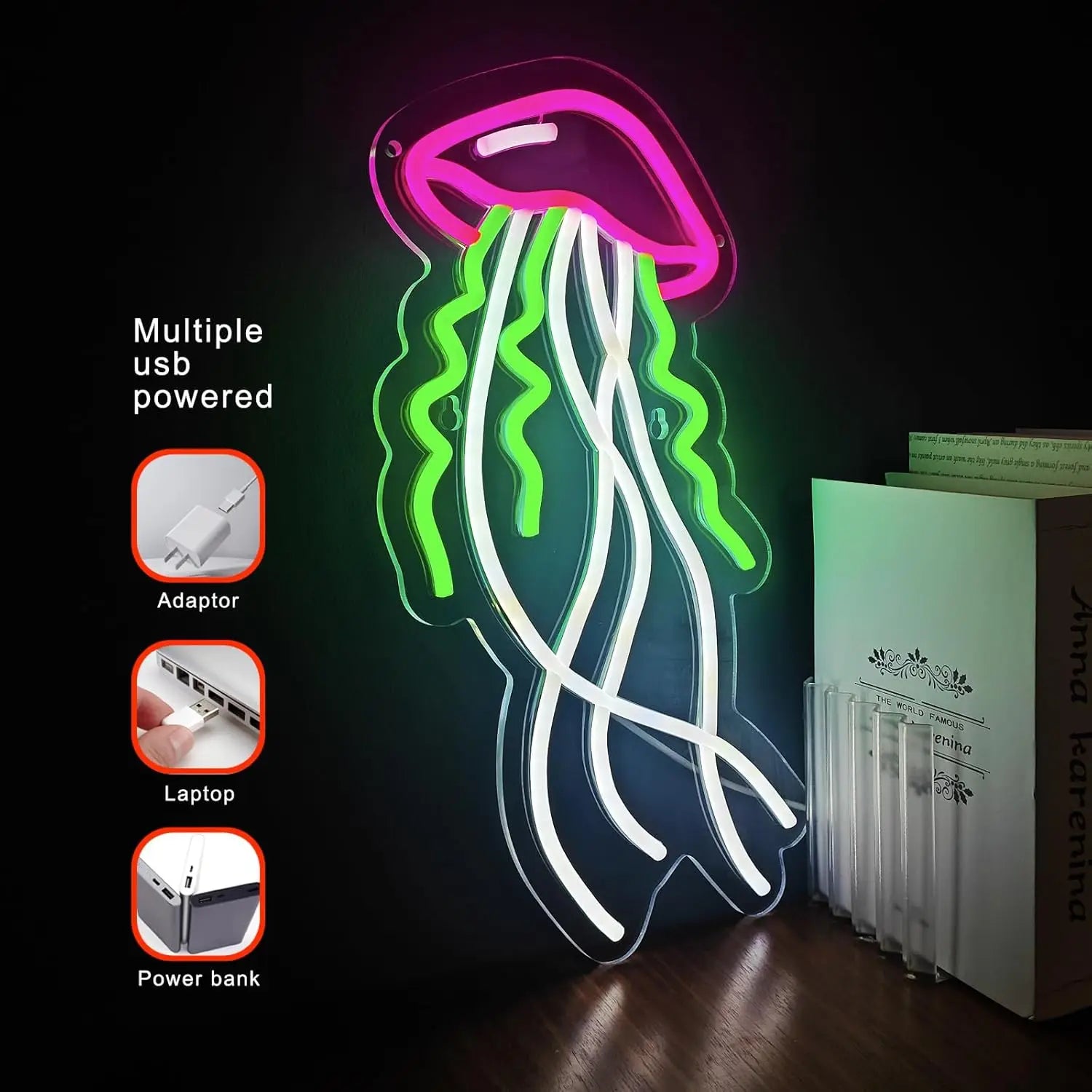 Neon jellyfish light with USB power options on a dark background