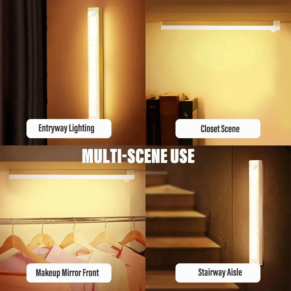 LED night light with automatic motion activation installed in kitchen cabinet