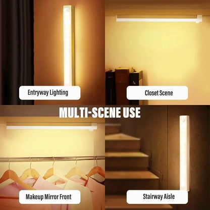 LED night light with automatic motion activation installed in kitchen cabinet