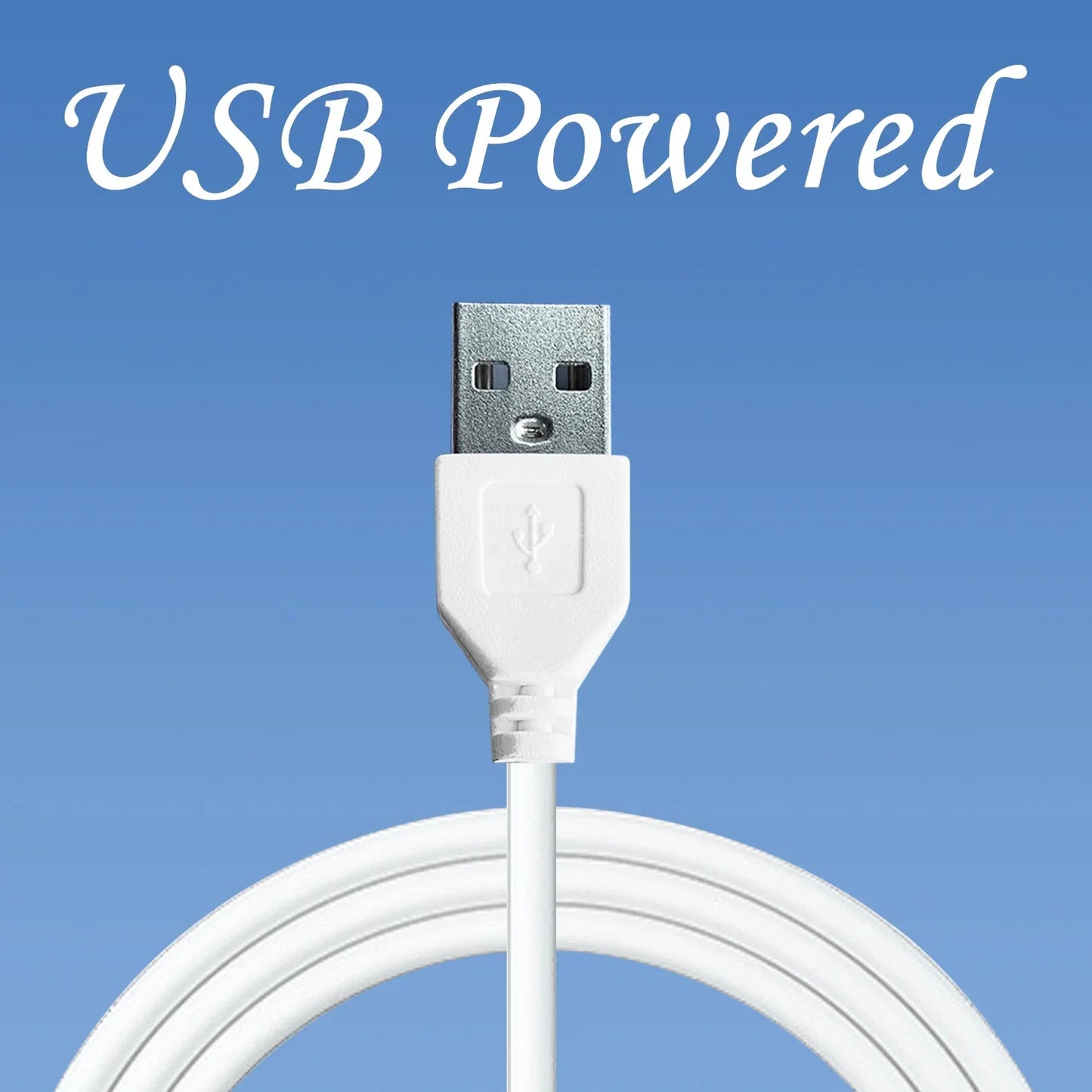 White USB cable with metallic connector on a blue background with 'USB Powered' text.