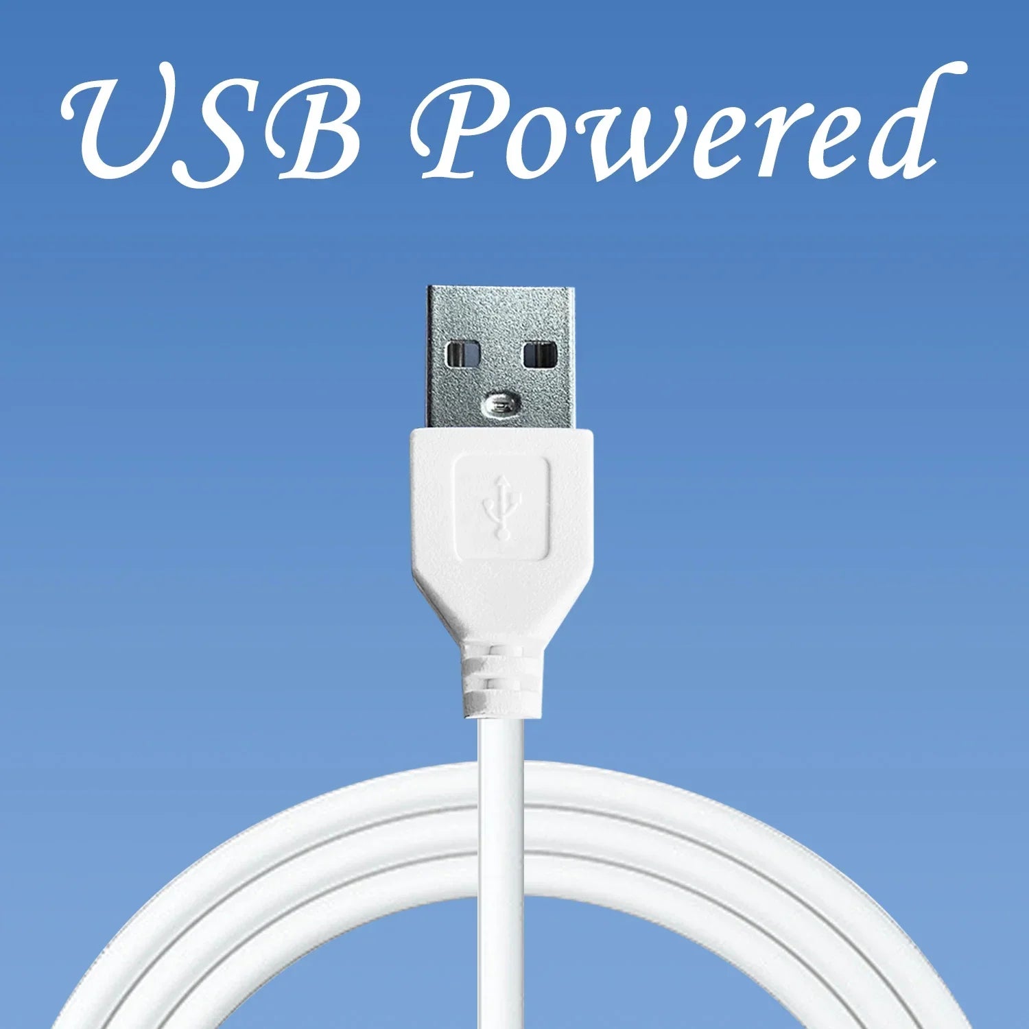 White USB cable with metallic connector on a blue background with 'USB Powered' text.
