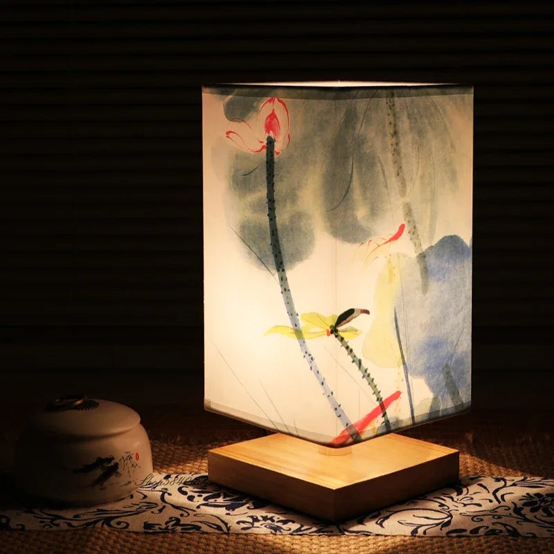 Retro wooden table lamp with hand-painted art, E27 LED bulb compatible, warm 2700K light source recommended