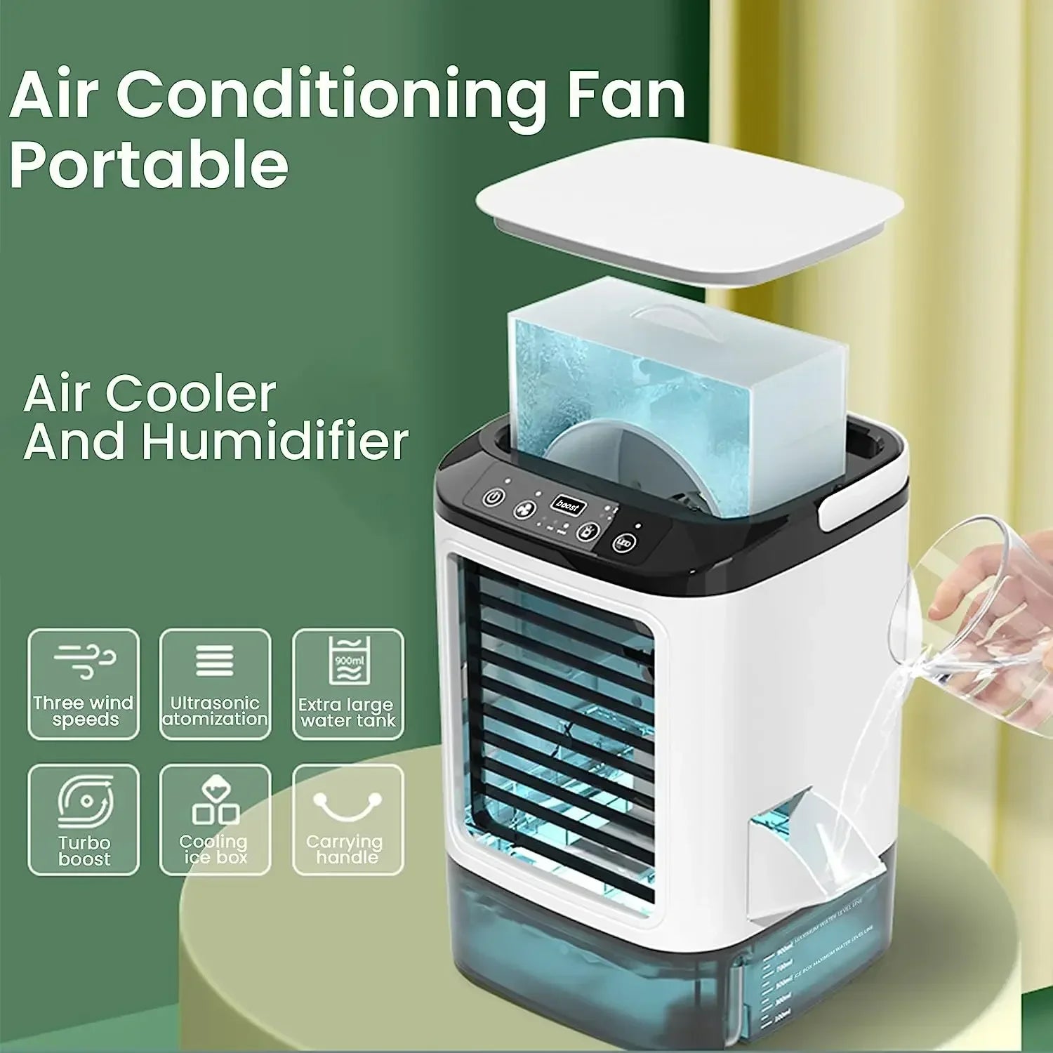 Portable air conditioning fan with humidifier on a green background