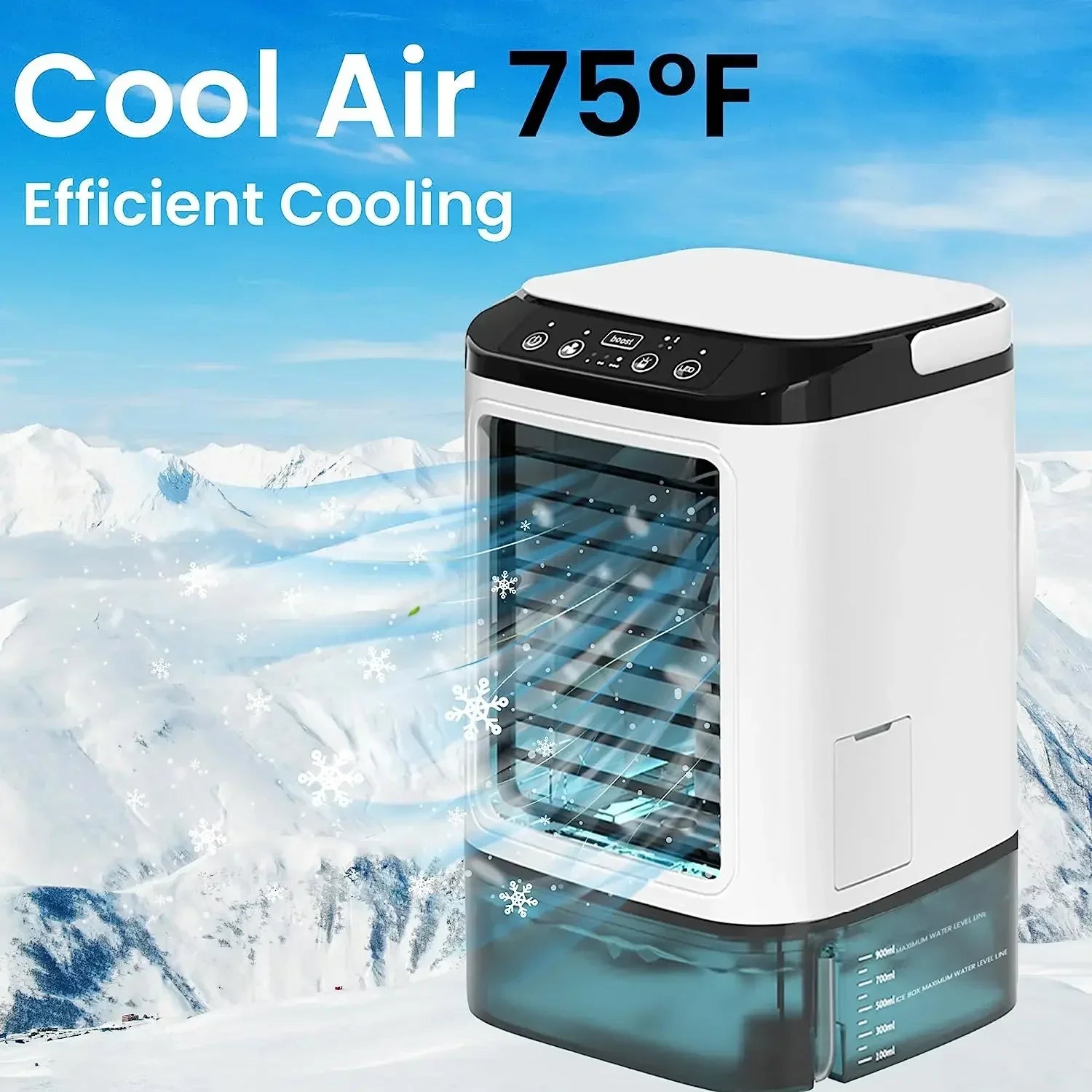 Portable air conditioner with snowflakes on a snowy mountain background