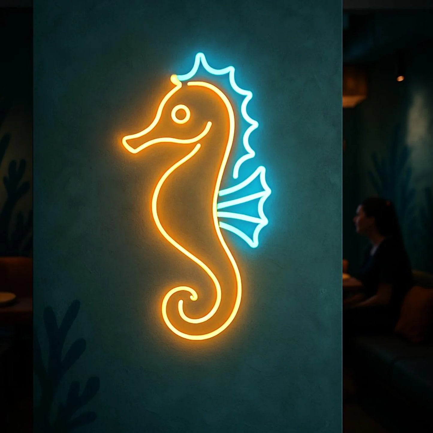 Neon seahorse sign on a dark background