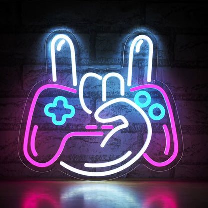 Controller neon light glowing in gaming room setup