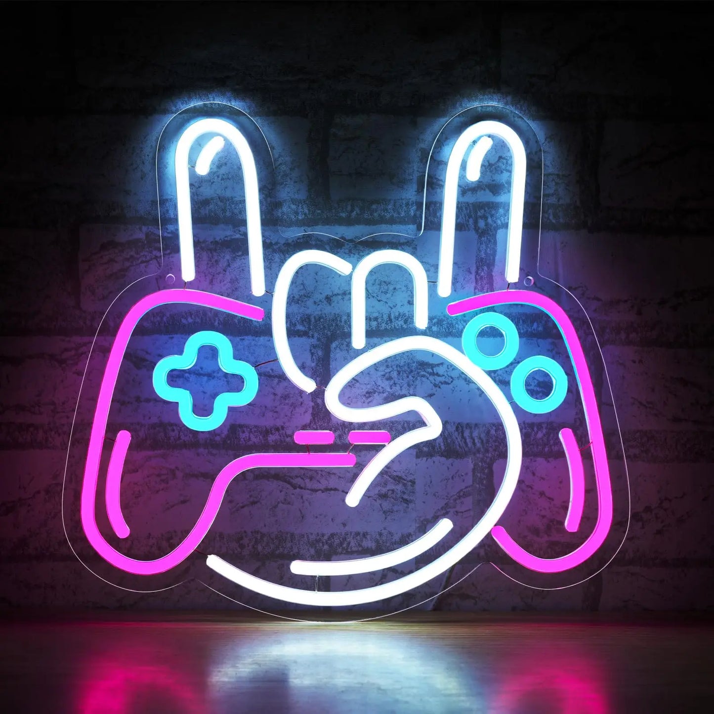 Neon sign of a hand holding a gaming controller on a dark background