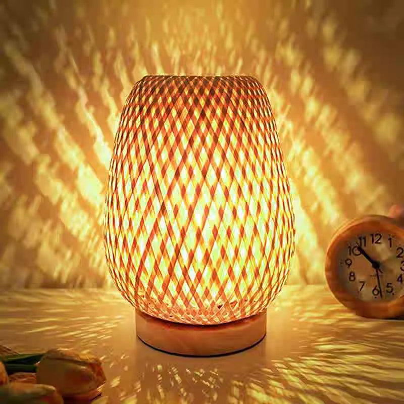 Bamboo lamp lit warm in a minimalist bedroom