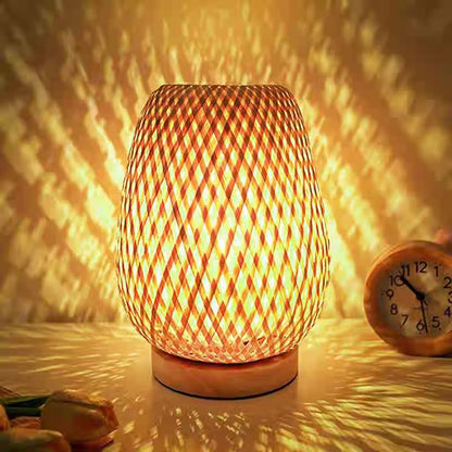 Bamboo lamp lit warm in a minimalist bedroom