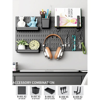 Wall pegboard with hooks, baskets and accessories, view 9