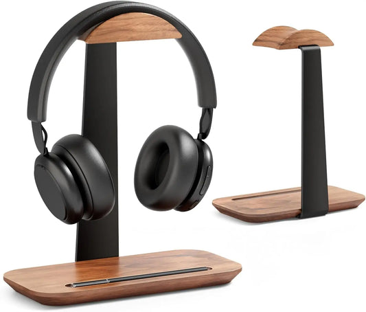 Wooden headphone stand with an aluminium stem and a storage base