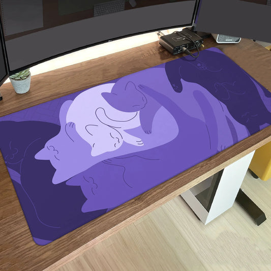 Dark magenta desk mat with kawaii cat designs