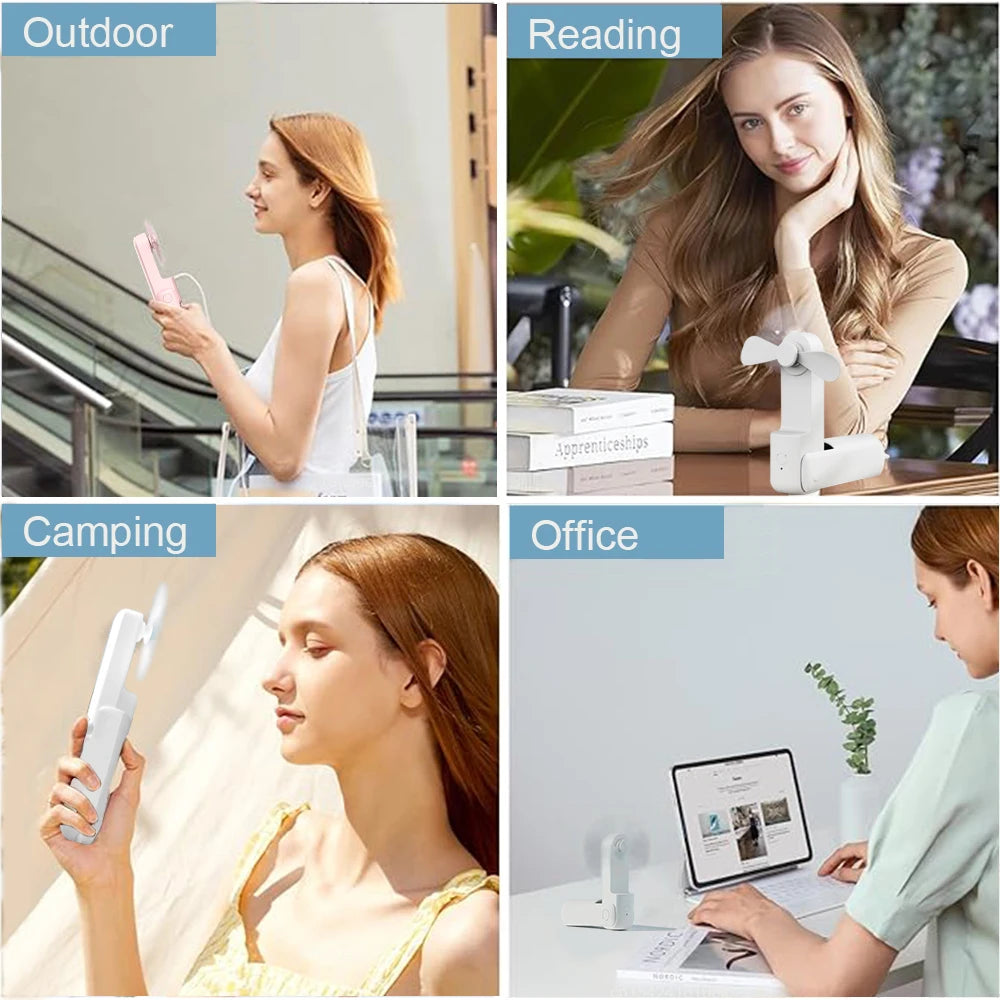 Collage of a woman using a portable device in various settings: outdoor, reading, camping, and office.
