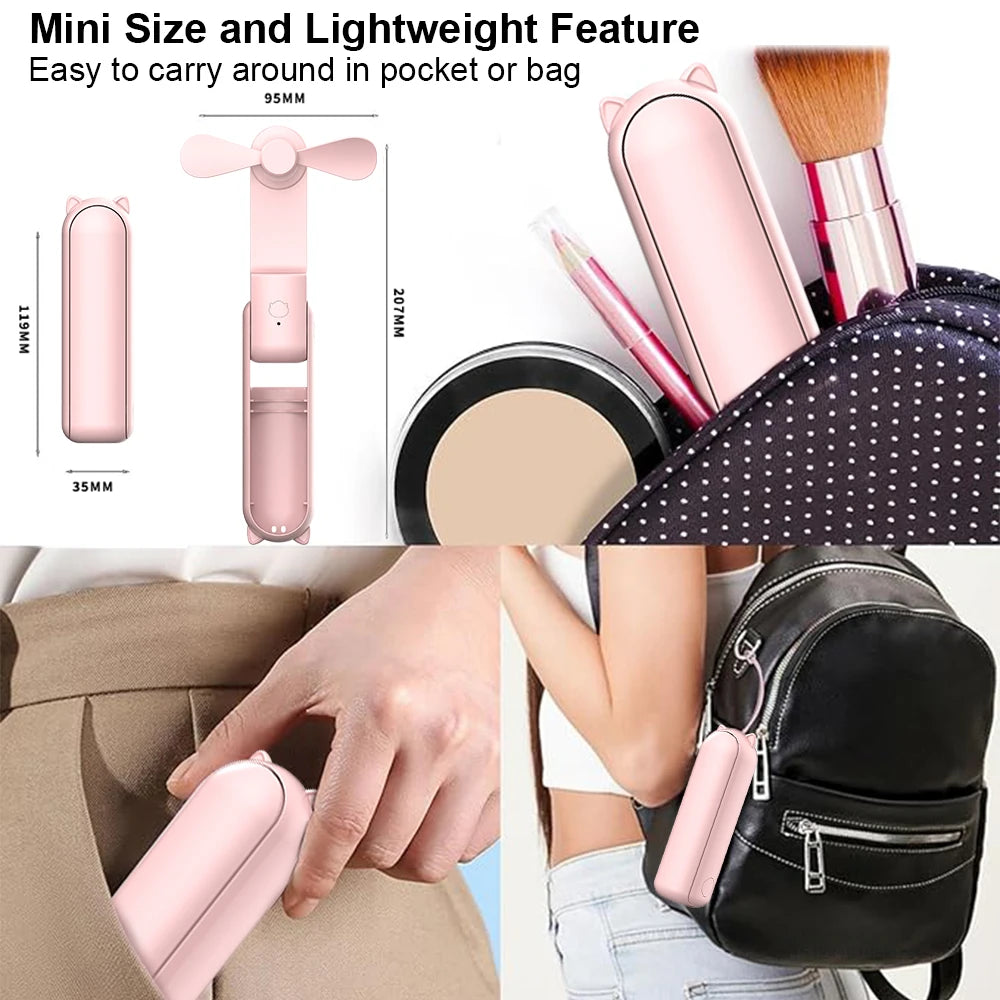Collage of a compact makeup set with a pink case, including a mirror, brush, and powder, shown in various contexts.
