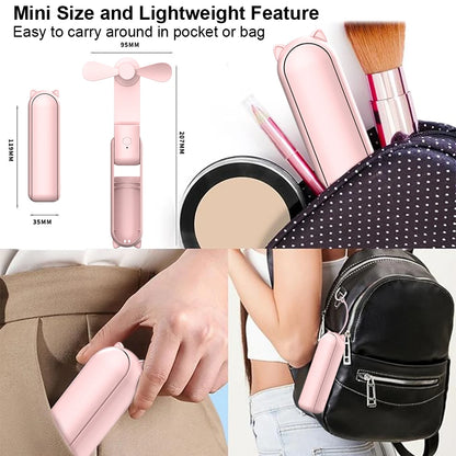 Collage of a compact makeup set with a pink case, including a mirror, brush, and powder, shown in various contexts.