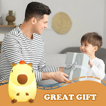 Man and child with a gift and night light, text 'GREAT GIFT' at the bottom.