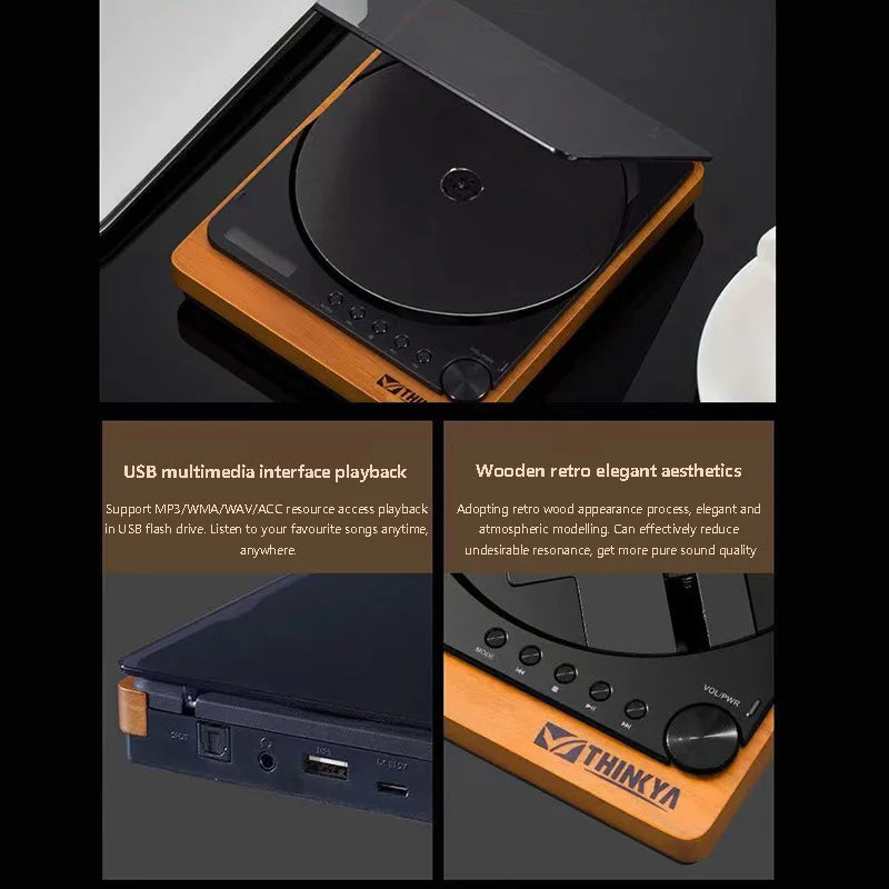 Wooden desktop CD player with a translucent dust cover, view 5