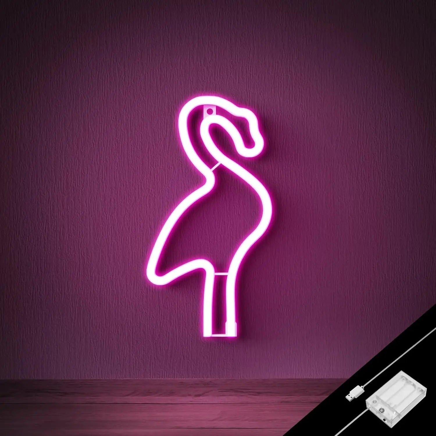 Neon flamingo light on a purple wall with power adapter.