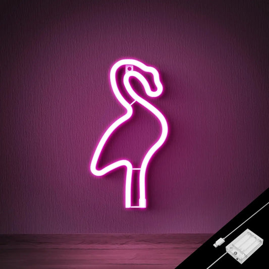 Neon flamingo light on a purple wall with power adapter.