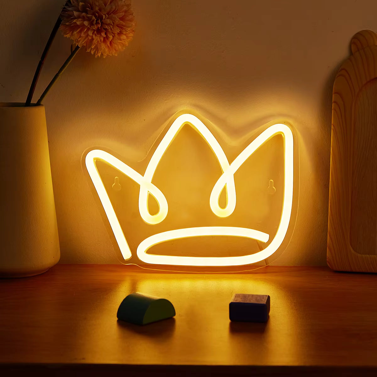 3D crown neon light glowing in bedroom decor