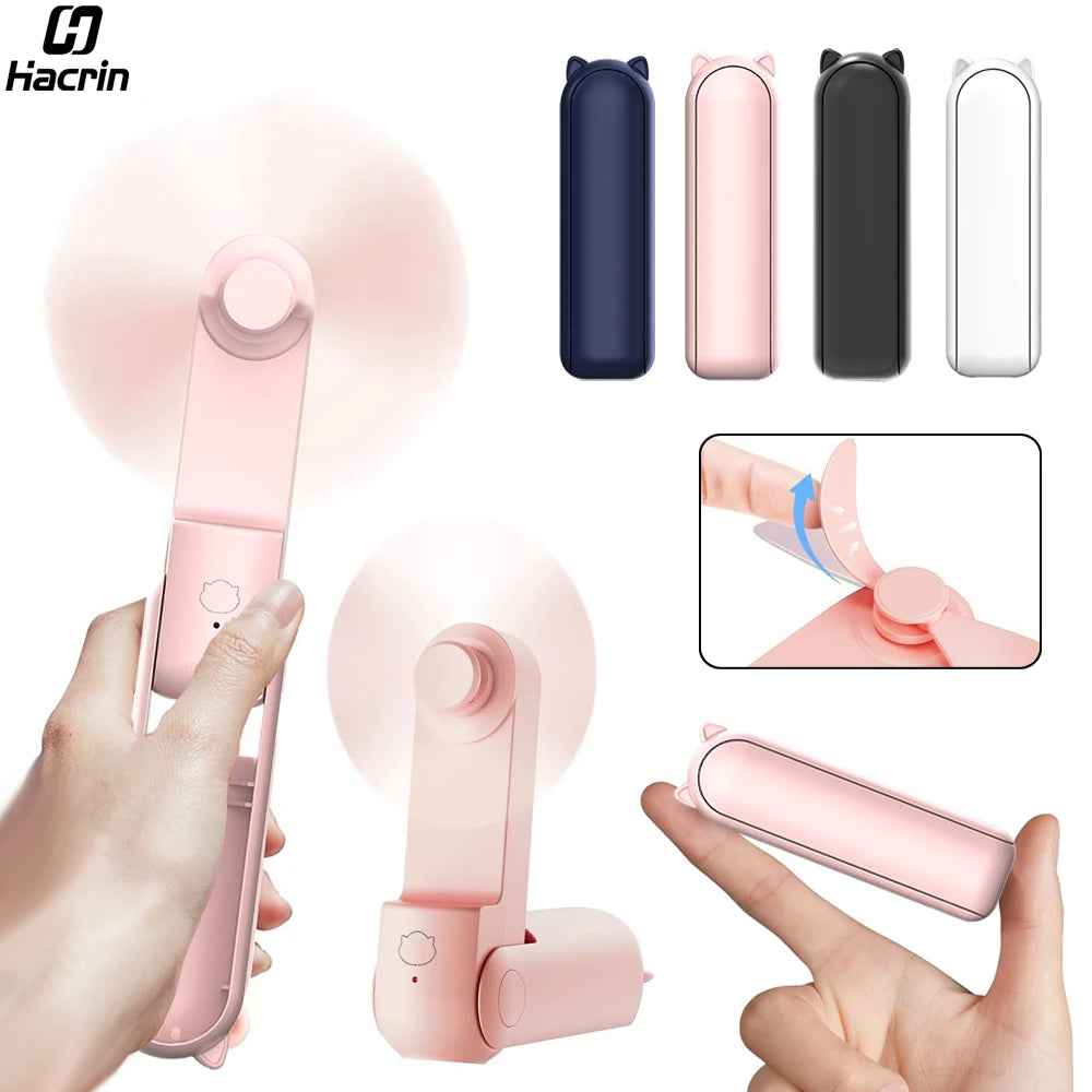 Collage of a pink handheld fan with different color options and assembly instructions.