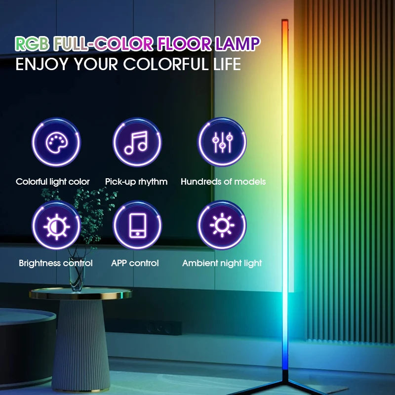 Dimmable LED corner floor lamp showing bright white and vibrant RGB color lighting modes
