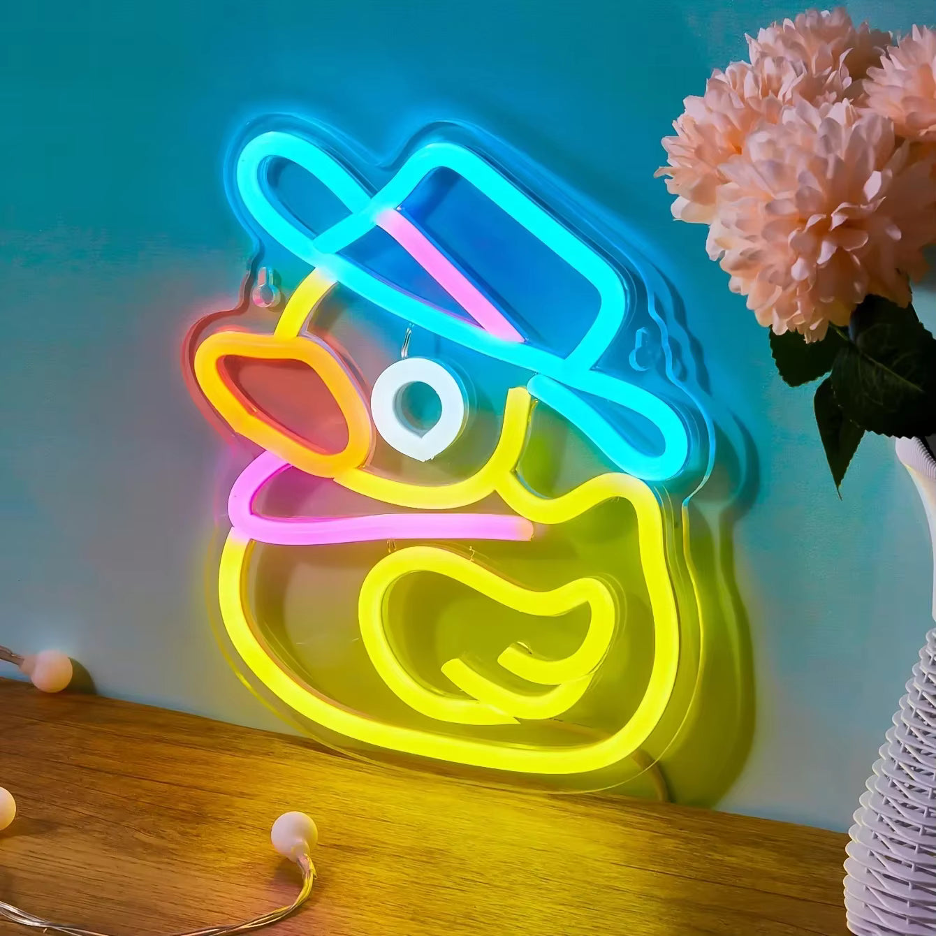Funny duck neon light glowing in bar decor