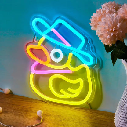Funny duck neon light glowing in bar decor