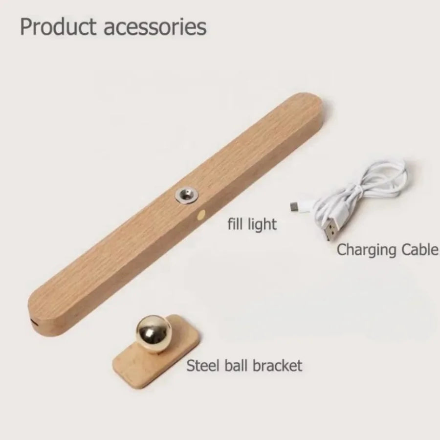 Wooden mirror light with adjustable LED positioned for bathroom mirror and grooming lighting