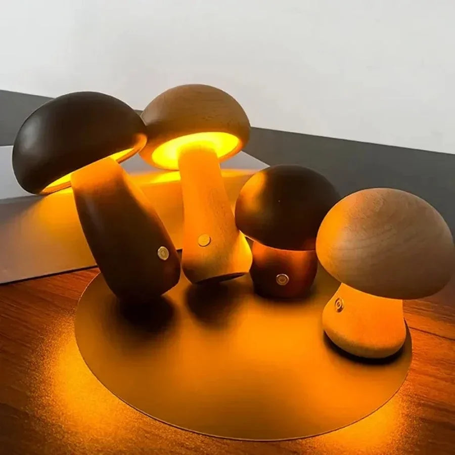 Retro mushroom lamp glowing on bedside table