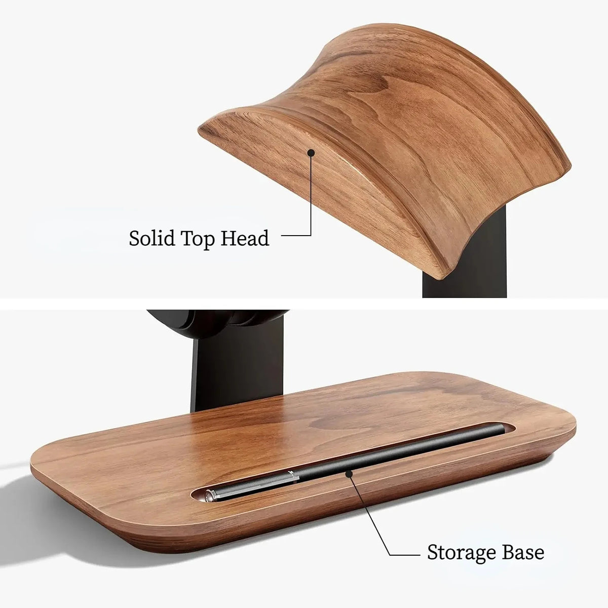 Wooden headphone stand with an aluminium stem and a storage base, view 5