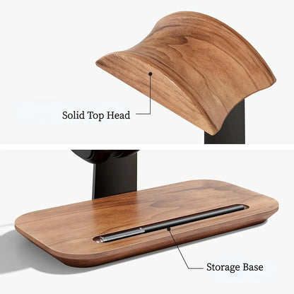 Wooden headphone stand with an aluminium stem and a storage base, view 5