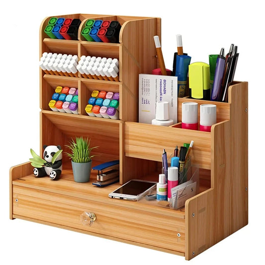 Wooden desk organiser with drawer and pen holder