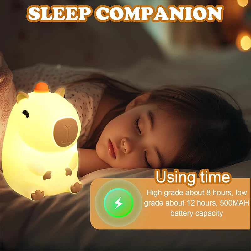 Child sleeping with a lion-shaped night light and product details on screen