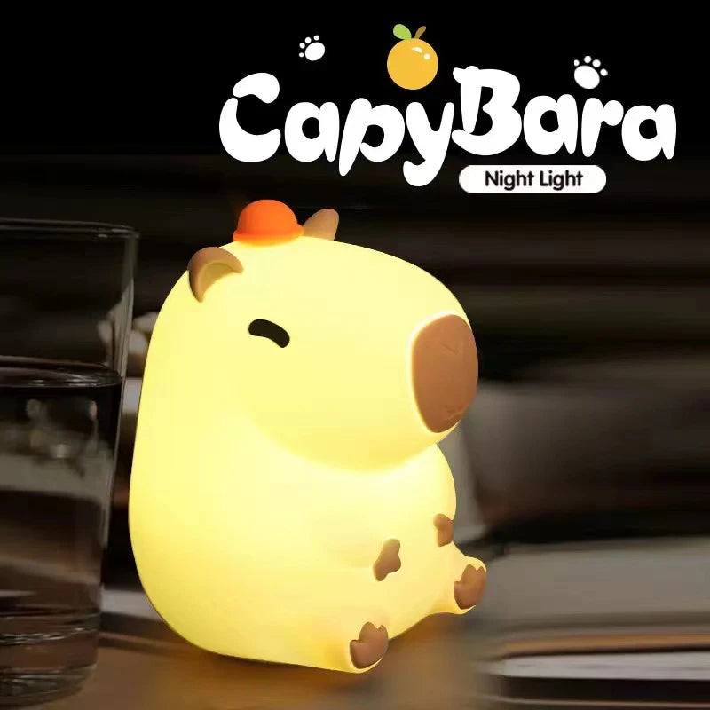 Capybara night light with 'Capybara Night Light' branding on a dark background
