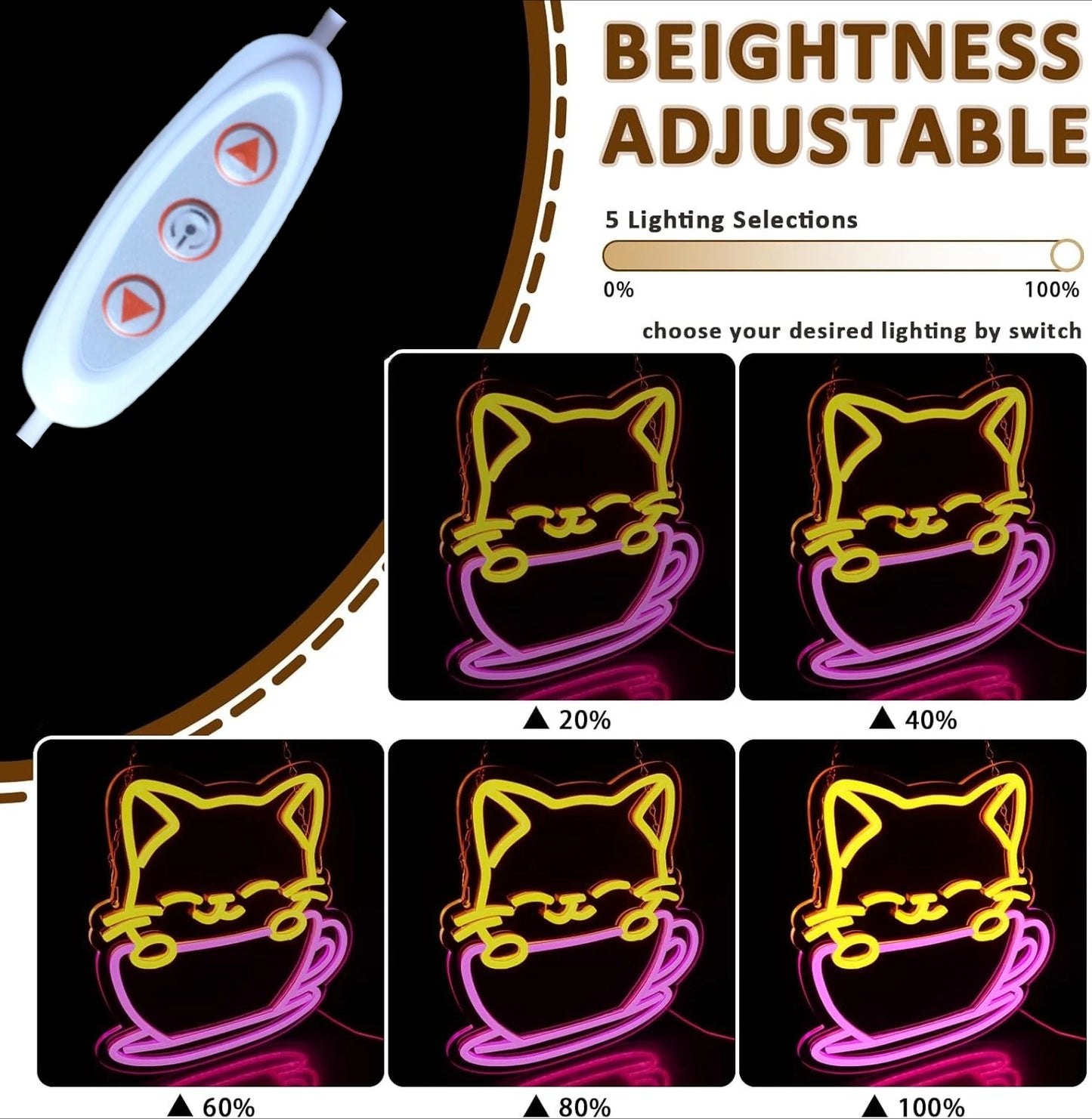 Neon sign of a cat in a cup with brightness adjustment options on a black background