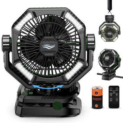 Camping Fan 20000mAh Rechargeable Battery Operated Fan | Dual Motor Clip Fan with LED Lantern, Remote Control, Digital Display & 270° Rotation Outdoor Portable Fan for Tent, Travel & Home
