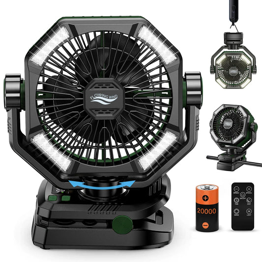 Camping Fan 20000mAh Rechargeable Battery Operated Fan | Dual Motor Clip Fan with LED Lantern, Remote Control, Digital Display & 270° Rotation Outdoor Portable Fan for Tent, Travel & Home