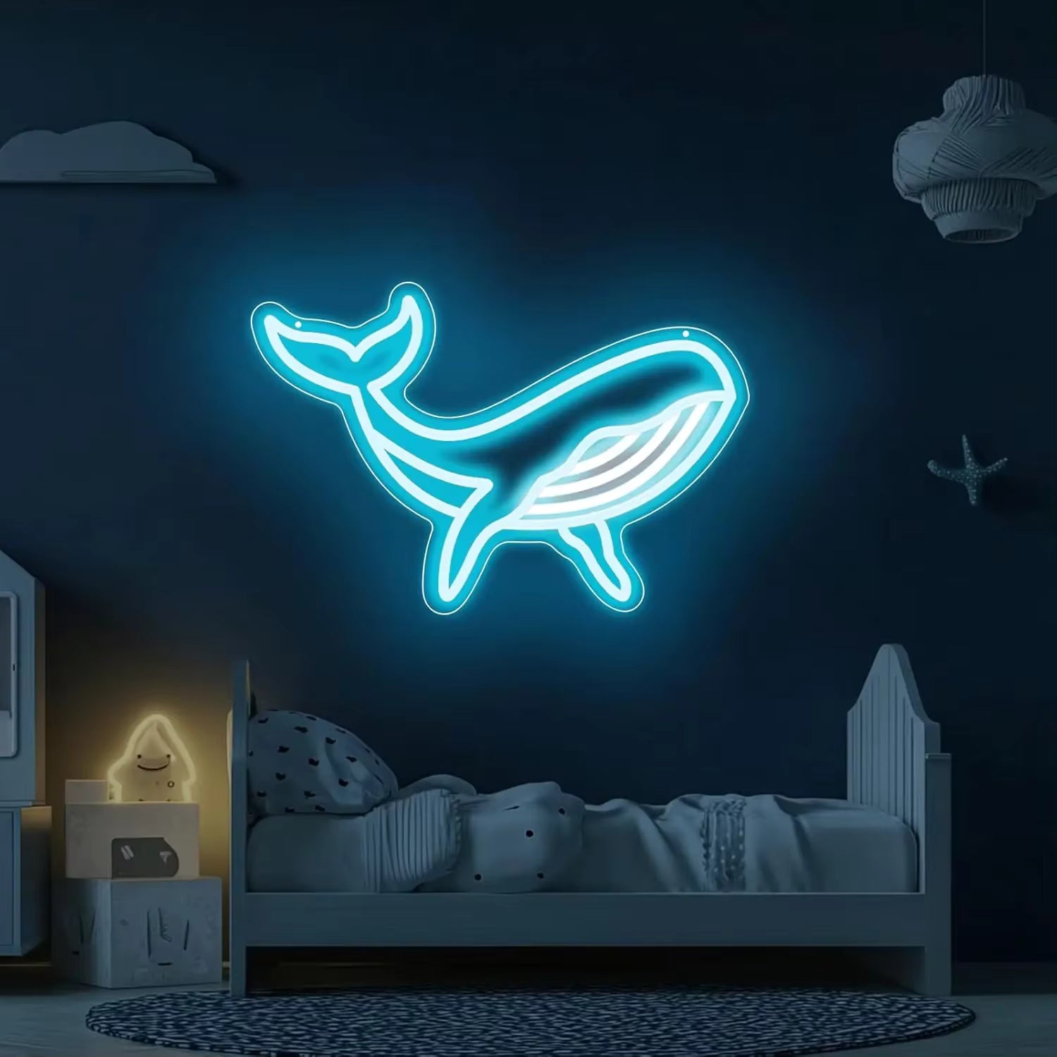 Cute whale neon light glowing in kids room