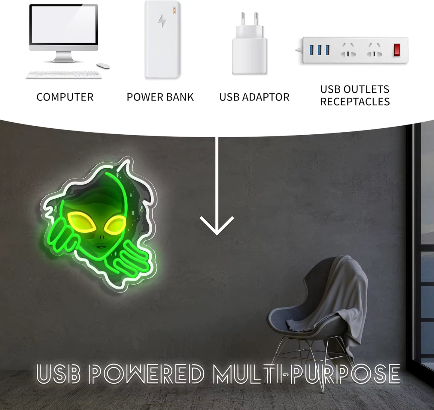 Green alien neon light wall installation