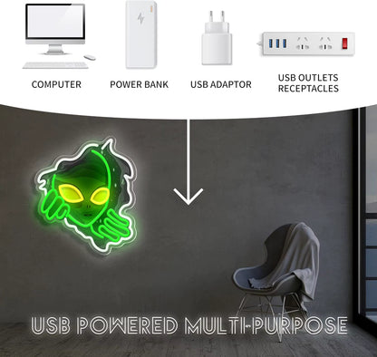 Green alien neon light wall installation