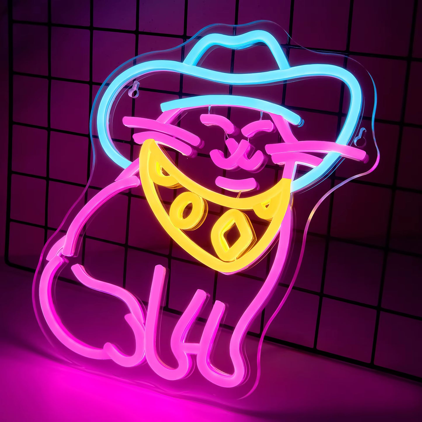 Cat in cowboy hat neon light glowing in dorm room