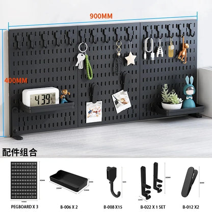 Full range of pegboard accessories laid out