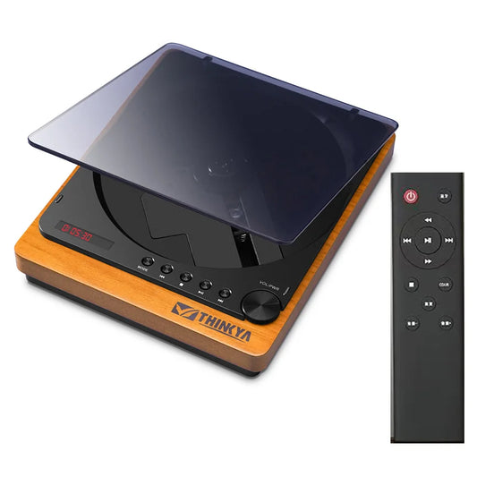 Wooden desktop CD player with a translucent dust cover