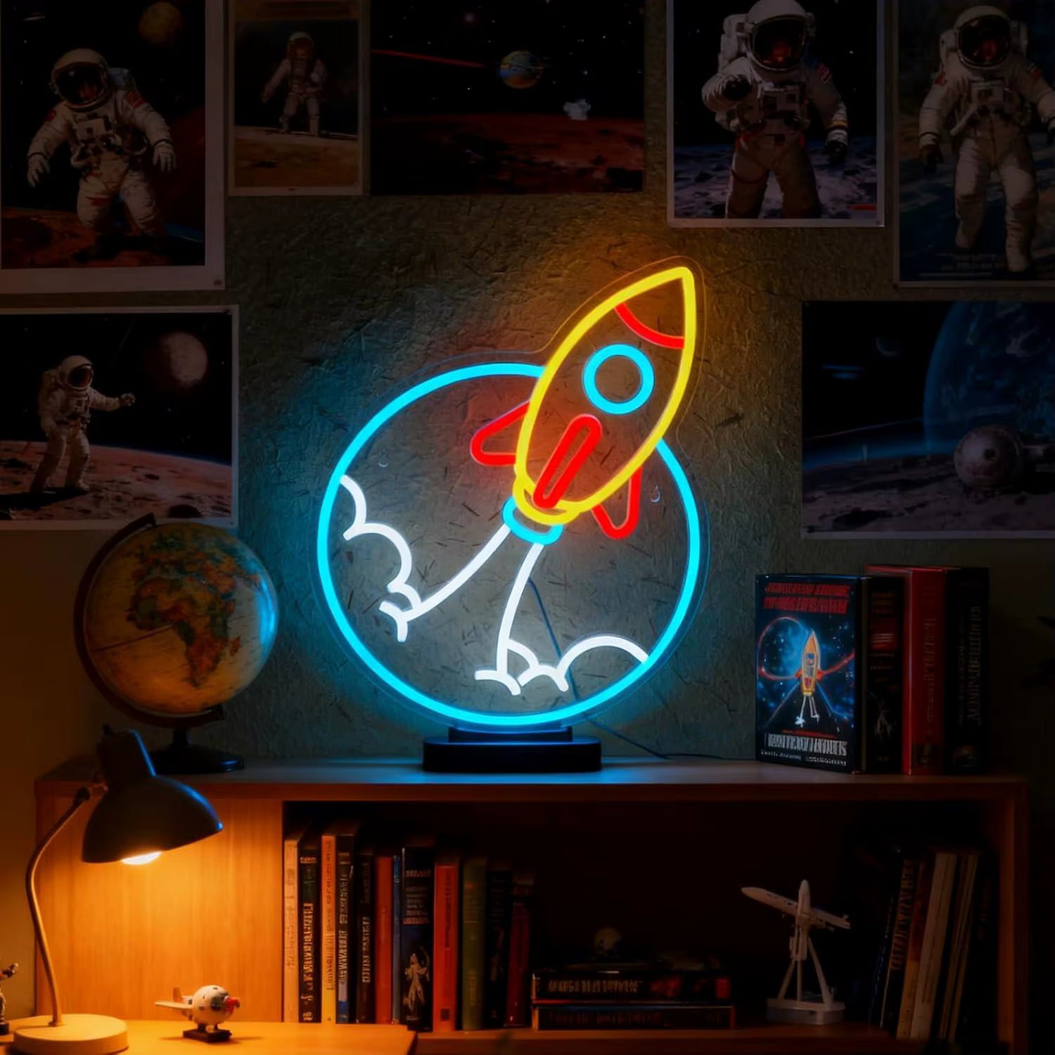 Rocket ship neon light glowing in gaming room