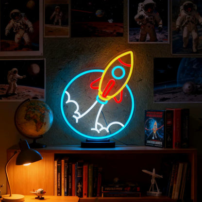 Rocket ship neon light glowing in gaming room