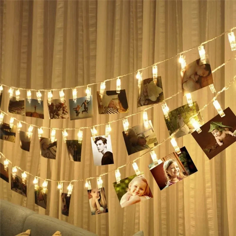 Warm white photo string lights bedroom wall display