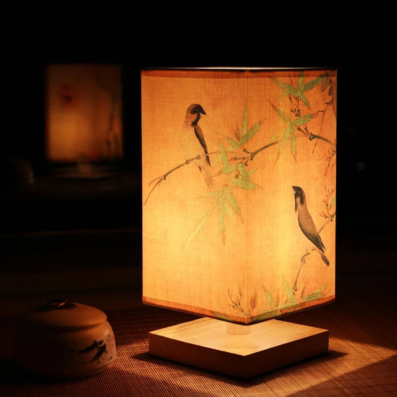 Vintage wooden table lamp with remote control version comparison, retro landscape design lighting options